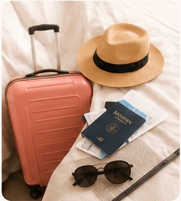 Travel suitcase, passport, sunhat, and sunglasses arranged for a trip