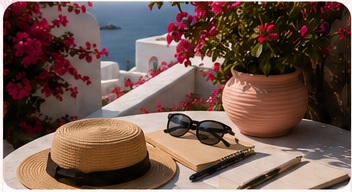 Travel planning notebook, sunhat, and sunglasses overlooking a coastal destination
