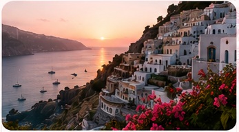 Clifftop island destination glowing at sunset
