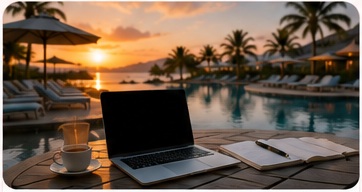 Laptop, coffee, and itinerary notebook beside a resort pool at sunset